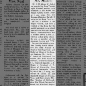 Obituary for H. E. Milam